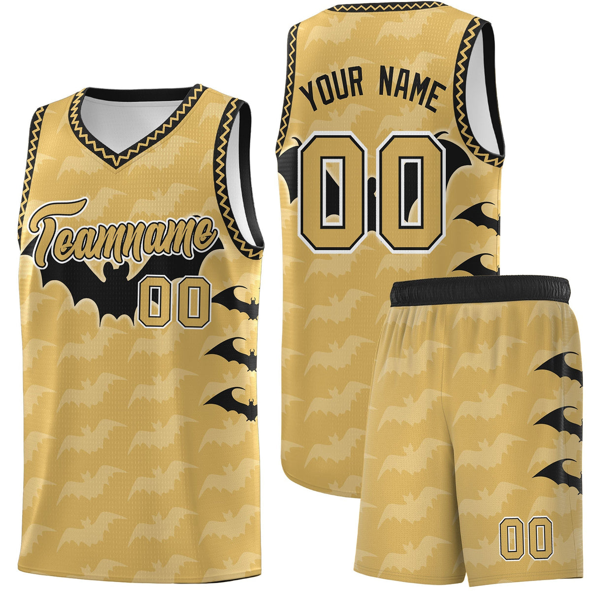 Custom Old Gold Black White Bat Pattern Halloween Basketball Jersey | For Men,For Kid,For Youth,Sublimation Printed,Perfect for Training,Perfect for Parties,Add Name and Numbern | KXKSHOP