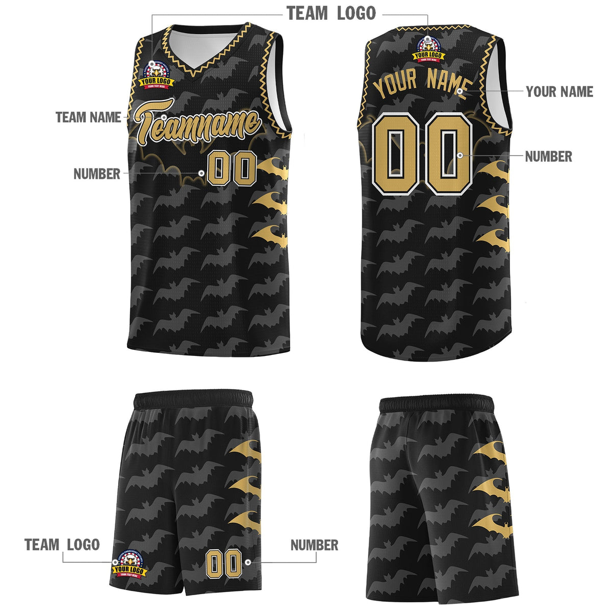 Custom Black Old Gold White Bat Pattern Halloween Basketball Jersey | For Men,For Kid,For Youth,Sublimation Printed,Perfect for Training,Perfect for Parties,Add Name and Numbern | KXKSHOP