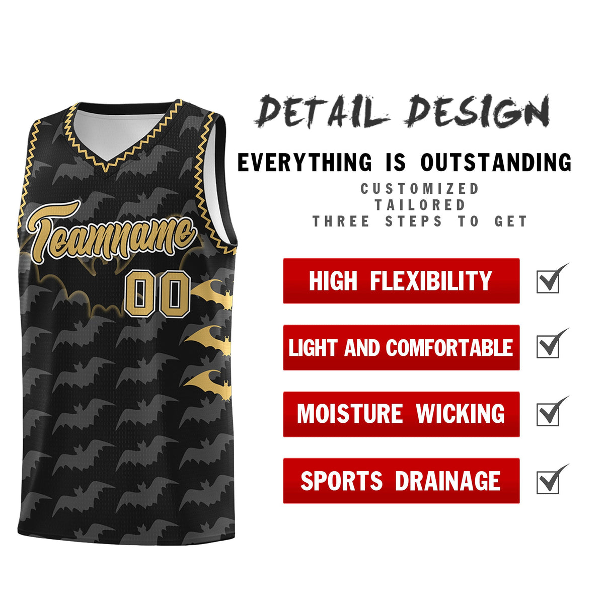 Custom Black Old Gold White Bat Pattern Halloween Basketball Jersey | For Men,For Kid,For Youth,Sublimation Printed,Perfect for Training,Perfect for Parties,Add Name and Numbern | KXKSHOP