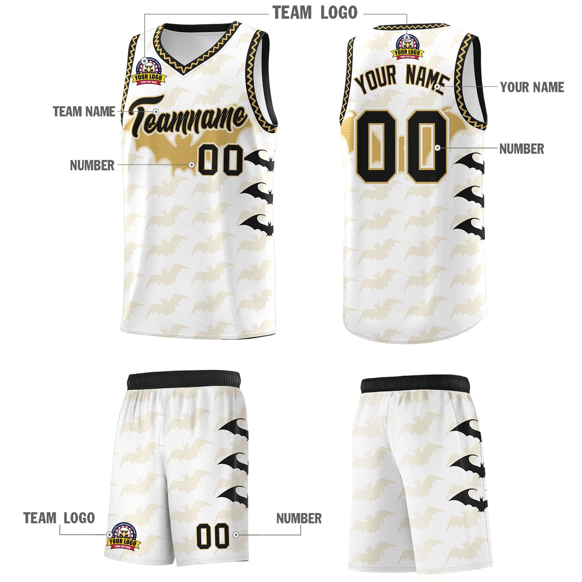 Custom White Old Gold Bat Pattern Halloween Basketball Jersey | For Men,For Kid,For Youth,Sublimation Printed,Perfect for Training,Perfect for Parties,Add Name and Numbern | KXKSHOP