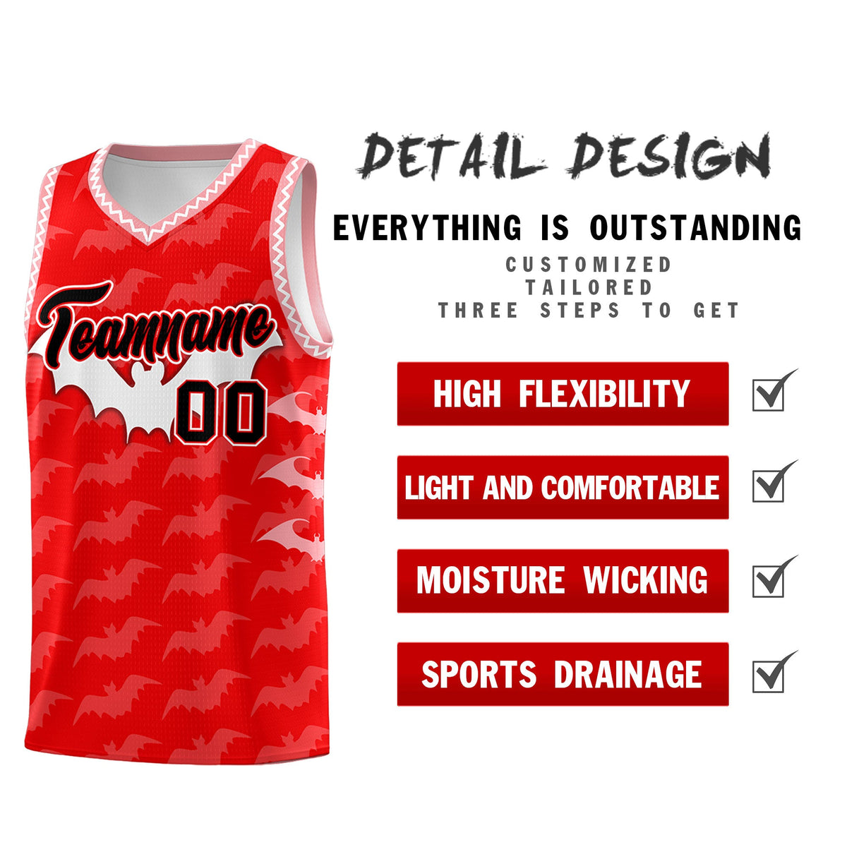 Custom Light Red White Bat Pattern Halloween Basketball Jersey | For Men,For Kid,For Youth,Sublimation Printed,Perfect for Training,Perfect for Parties,Add Name and Numbern | KXKSHOP