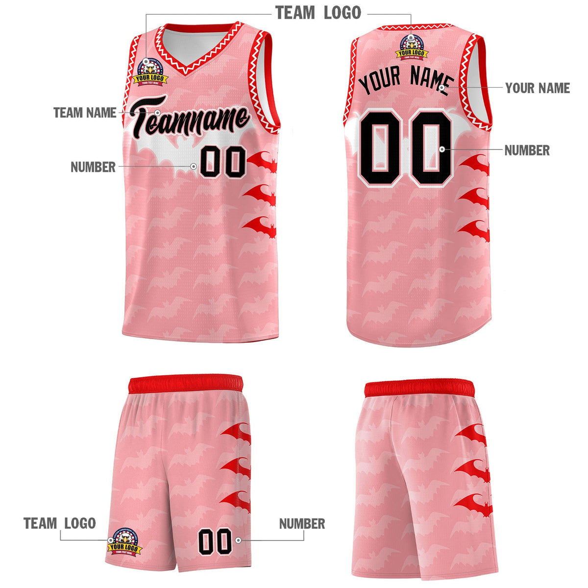 Custom Light Pink White Bat Pattern Halloween Basketball Jersey | For Men,For Kid,For Youth,Sublimation Printed,Perfect for Training,Perfect for Parties,Add Name and Numbern | KXKSHOP