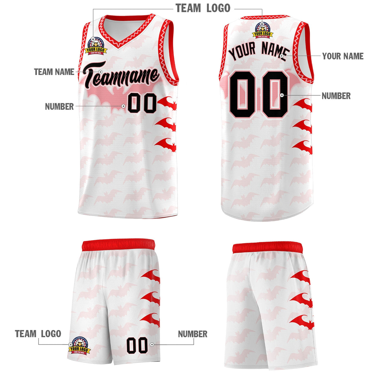 Custom White Light Pink Bat Pattern Halloween Basketball Jersey | For Men,For Kid,For Youth,Sublimation Printed,Perfect for Training,Perfect for Parties,Add Name and Numbern | KXKSHOP