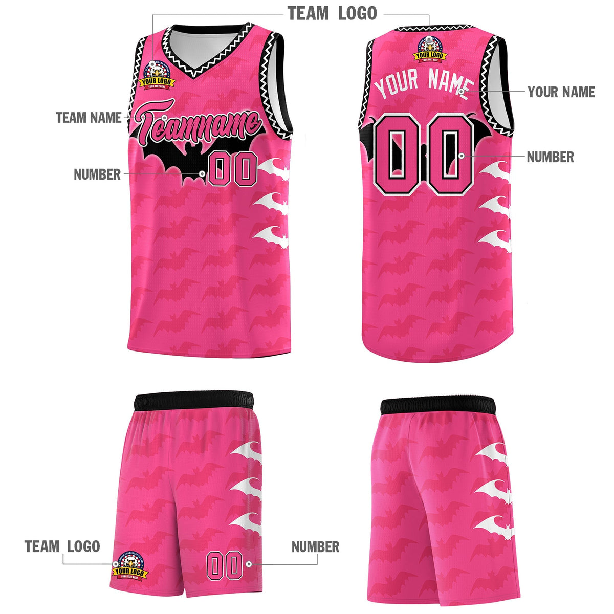 Custom Pink Black White Bat Pattern Halloween Basketball Jersey | For Men,For Kid,For Youth,Sublimation Printed,Perfect for Training,Perfect for Parties,Add Name and Numbern | KXKSHOP