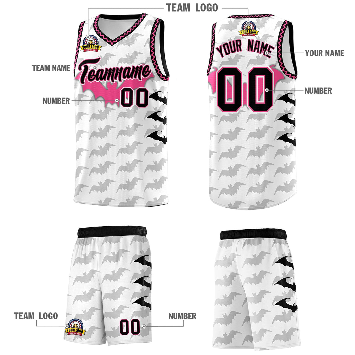 Custom White Black Pink Bat Pattern Halloween Basketball Jersey | For Men,For Kid,For Youth,Sublimation Printed,Perfect for Training,Perfect for Parties,Add Name and Numbern | KXKSHOP
