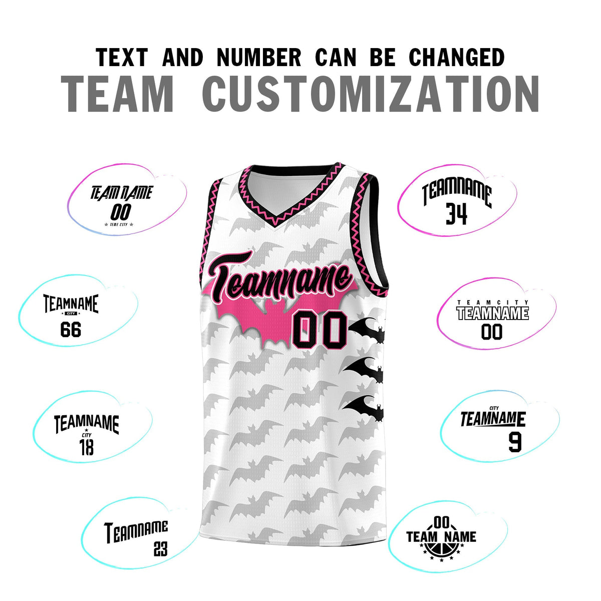 Custom White Black Pink Bat Pattern Halloween Basketball Jersey | For Men,For Kid,For Youth,Sublimation Printed,Perfect for Training,Perfect for Parties,Add Name and Numbern | KXKSHOP