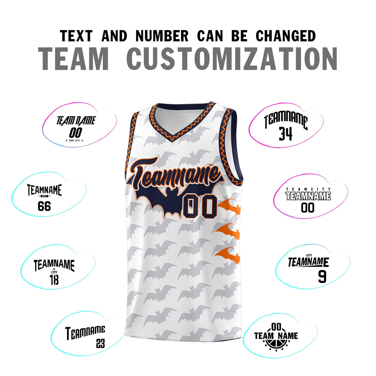 Custom White Orange Navy Bat Pattern Halloween Basketball Jersey | For Men,For Kid,For Youth,Sublimation Printed,Perfect for Training,Perfect for Parties,Add Name and Numbern | KXKSHOP