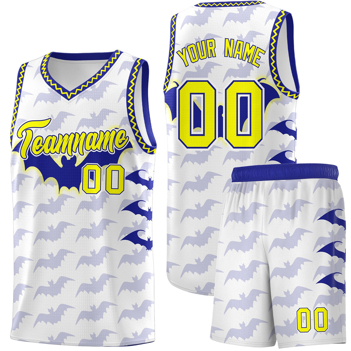 Custom White Fluorescent Yellow Bat Pattern Halloween Basketball Jersey | For Men,For Kid,For Youth,Sublimation Printed,Perfect for Training,Perfect for Parties,Add Name and Numbern | KXKSHOP