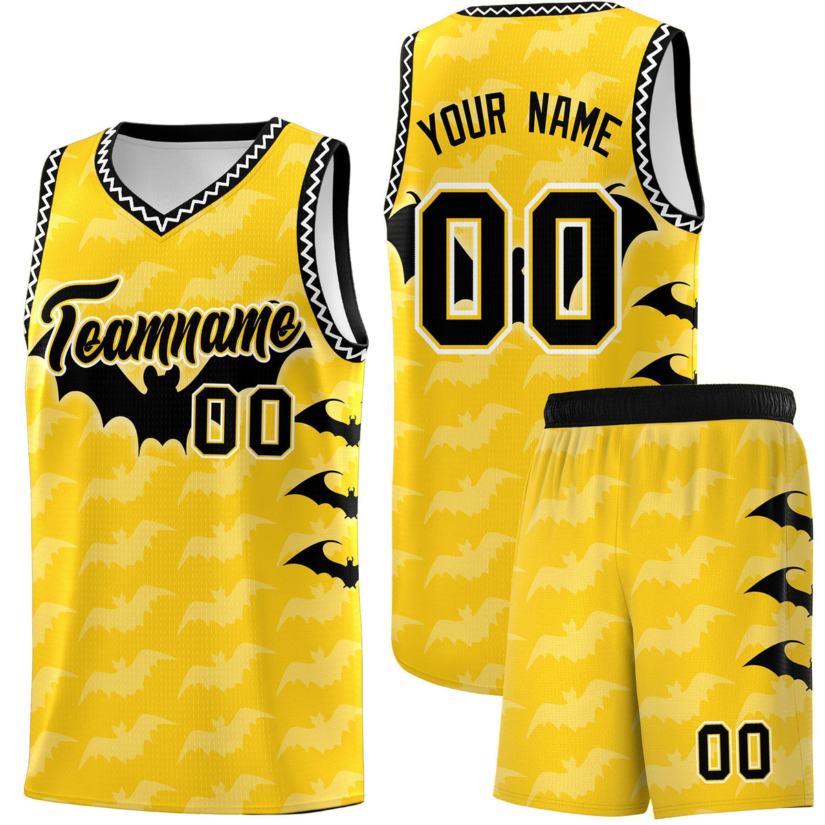 Custom Gold White Black Bat Pattern Halloween Basketball Jersey | For Men,For Kid,For Youth,Sublimation Printed,Perfect for Training,Perfect for Parties,Add Name and Numbern | KXKSHOP