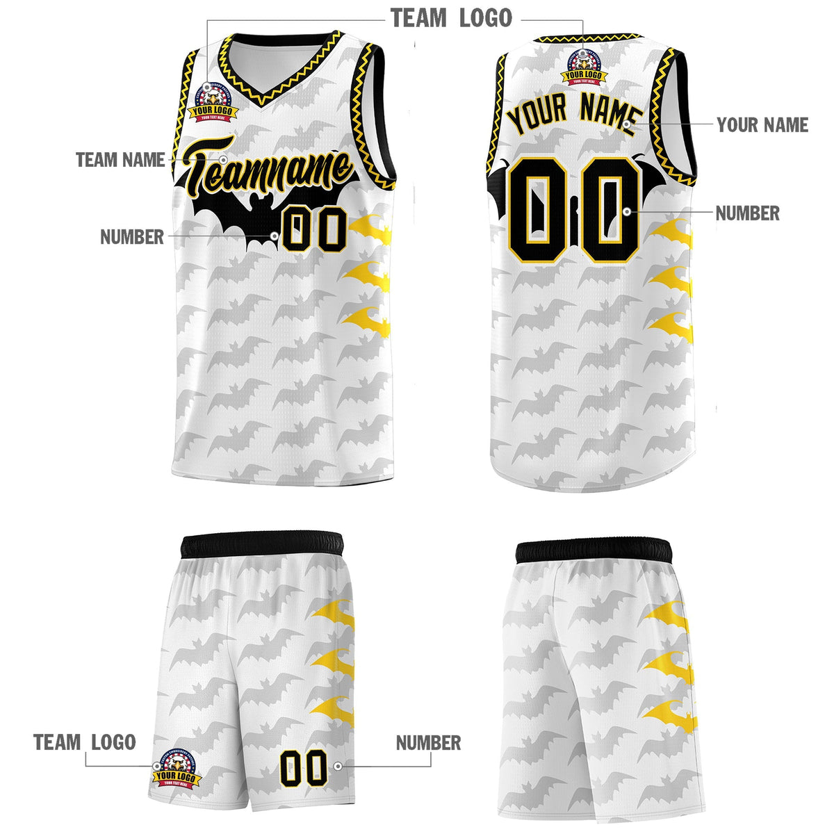 Custom White Gold Black Bat Pattern Halloween Basketball Jersey | For Men,For Kid,For Youth,Sublimation Printed,Perfect for Training,Perfect for Parties,Add Name and Numbern | KXKSHOP