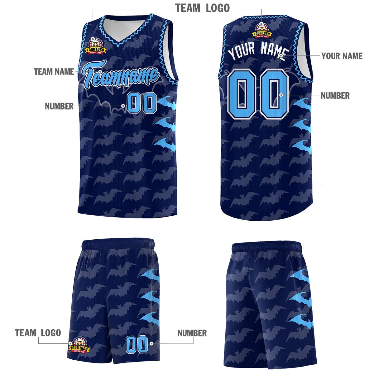 Custom Navy Powder Blue Bat Pattern Halloween Basketball Jersey | For Men,For Kid,For Youth,Sublimation Printed,Perfect for Training,Perfect for Parties,Add Name and Numbern | KXKSHOP