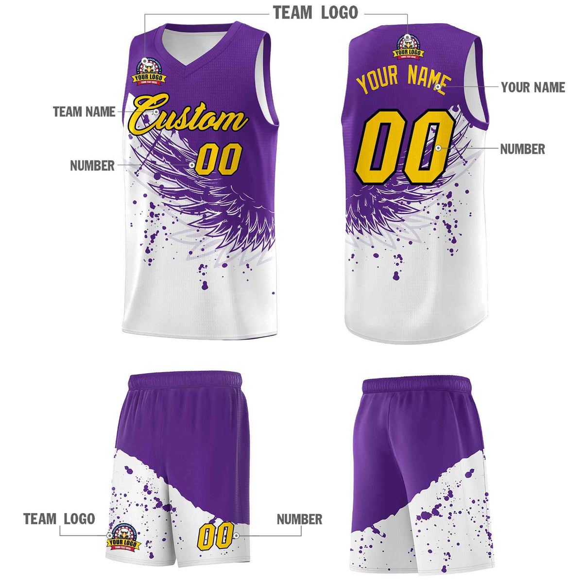 Custom White Purple Wing Pattern Sports Uniform Basketball Jersey