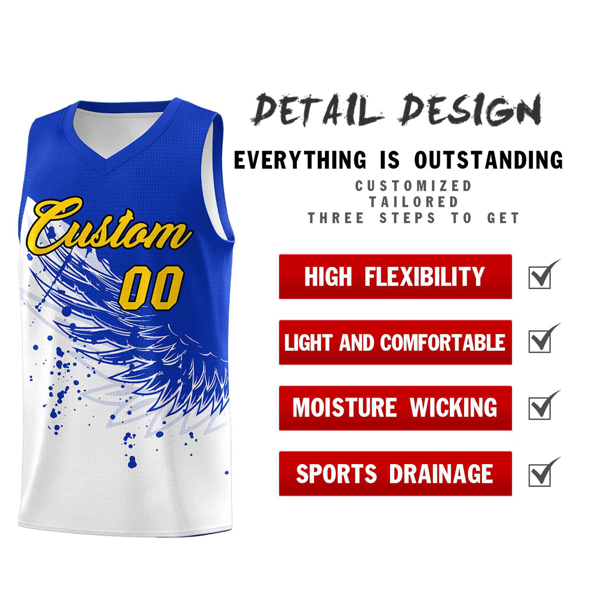 Custom White Royal Wing Pattern Sports Uniform Basketball Jersey| KXKSHOP