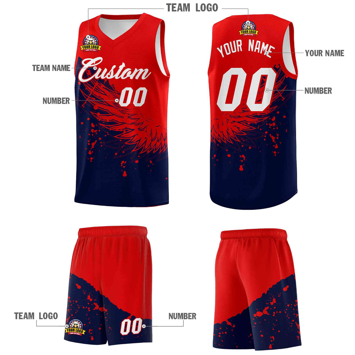 Custom Navy Red Wing Pattern Sports Uniform Basketball Jersey