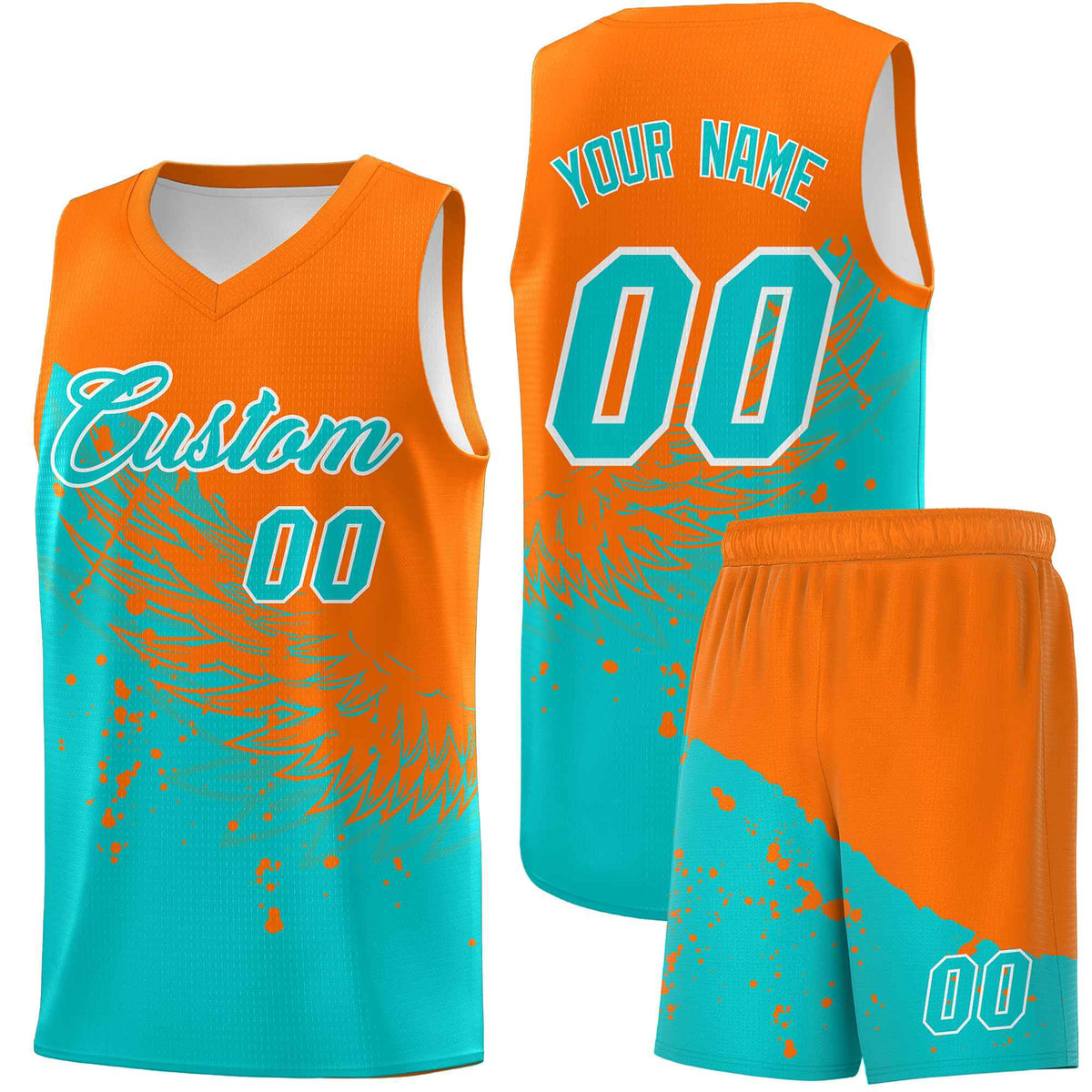 Custom Aqua Orange Wing Pattern Sports Uniform Basketball Jersey| KXKSHOP