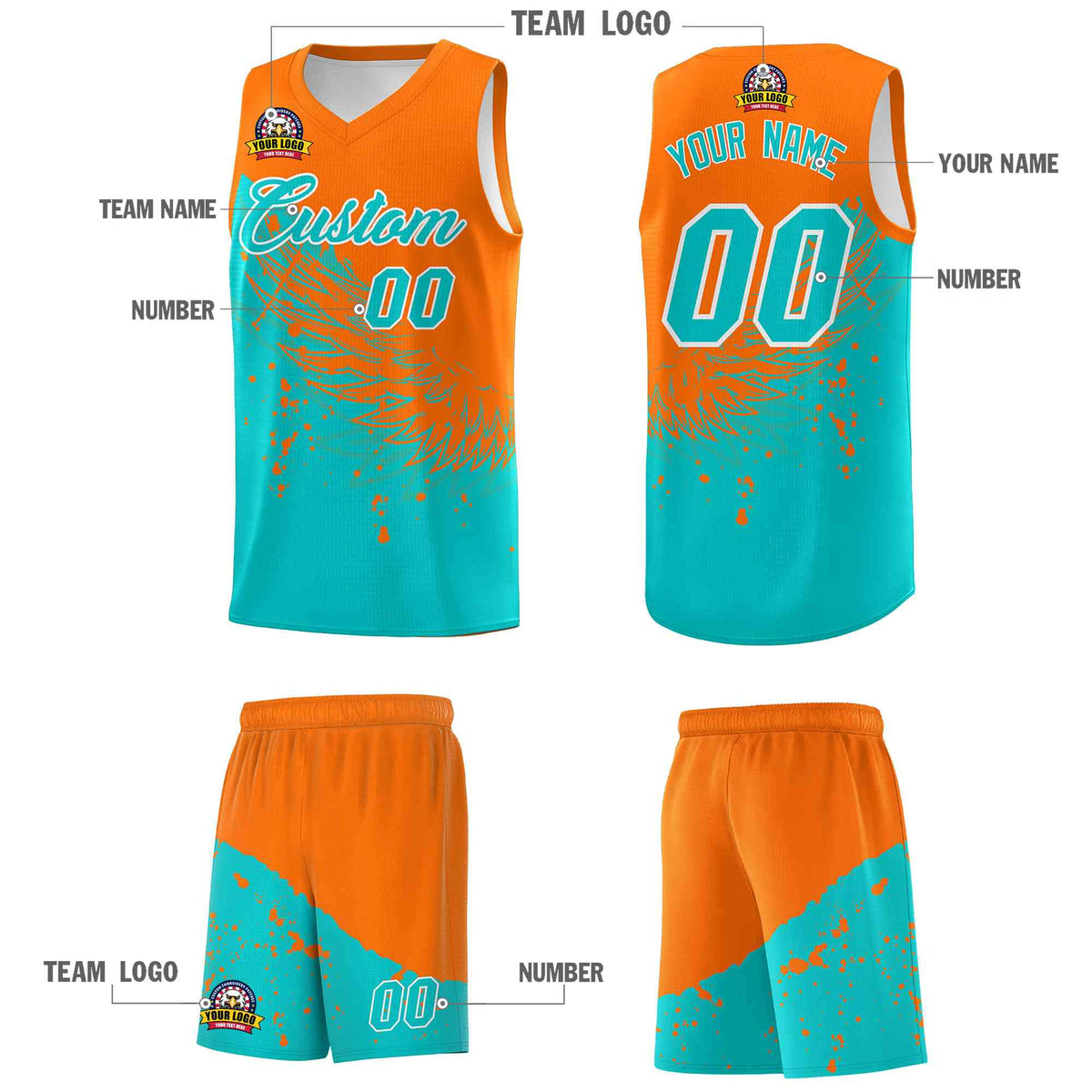 Custom Aqua Orange Wing Pattern Sports Uniform Basketball Jersey