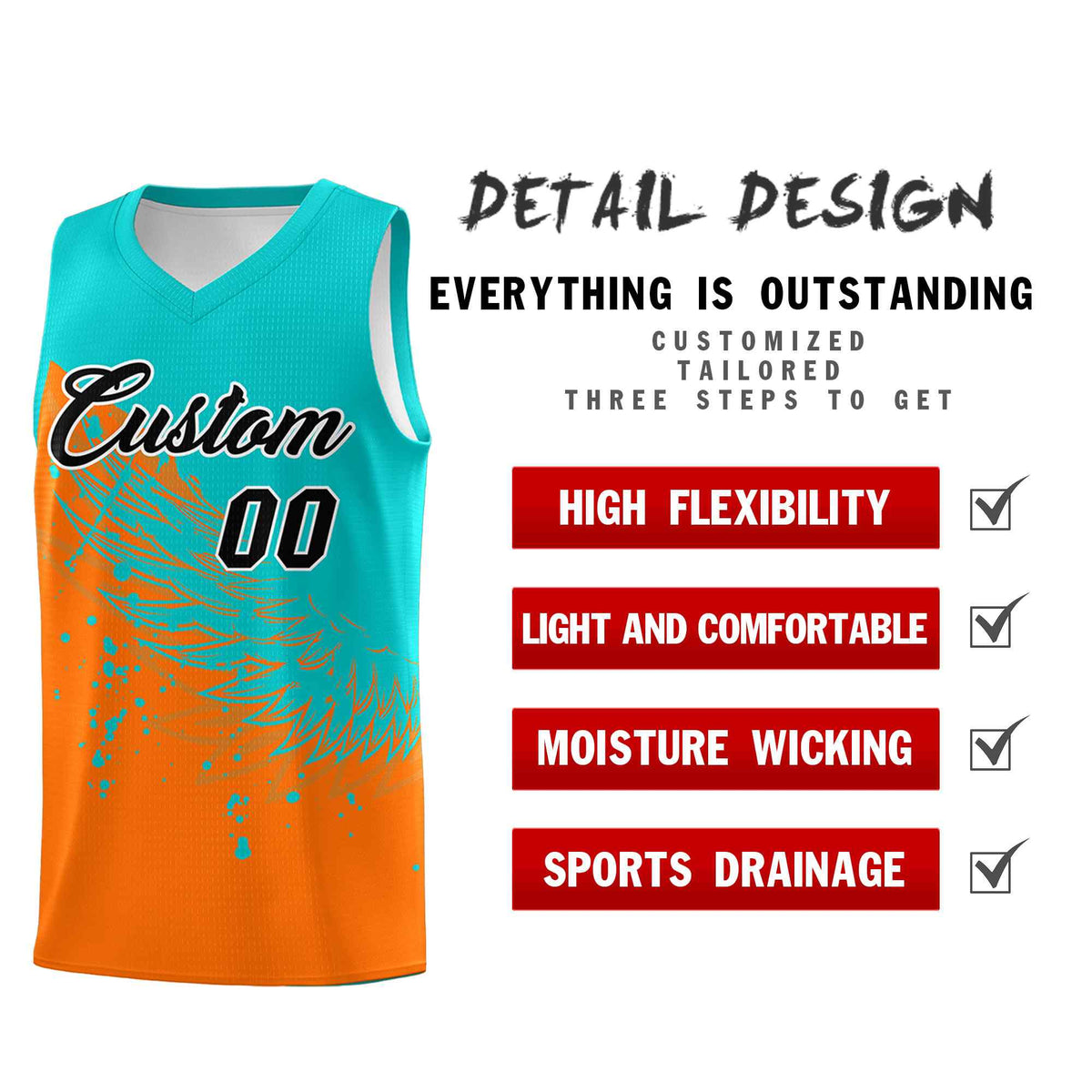 Custom Orange Aqua Wing Pattern Sports Uniform Basketball Jersey| KXKSHOP