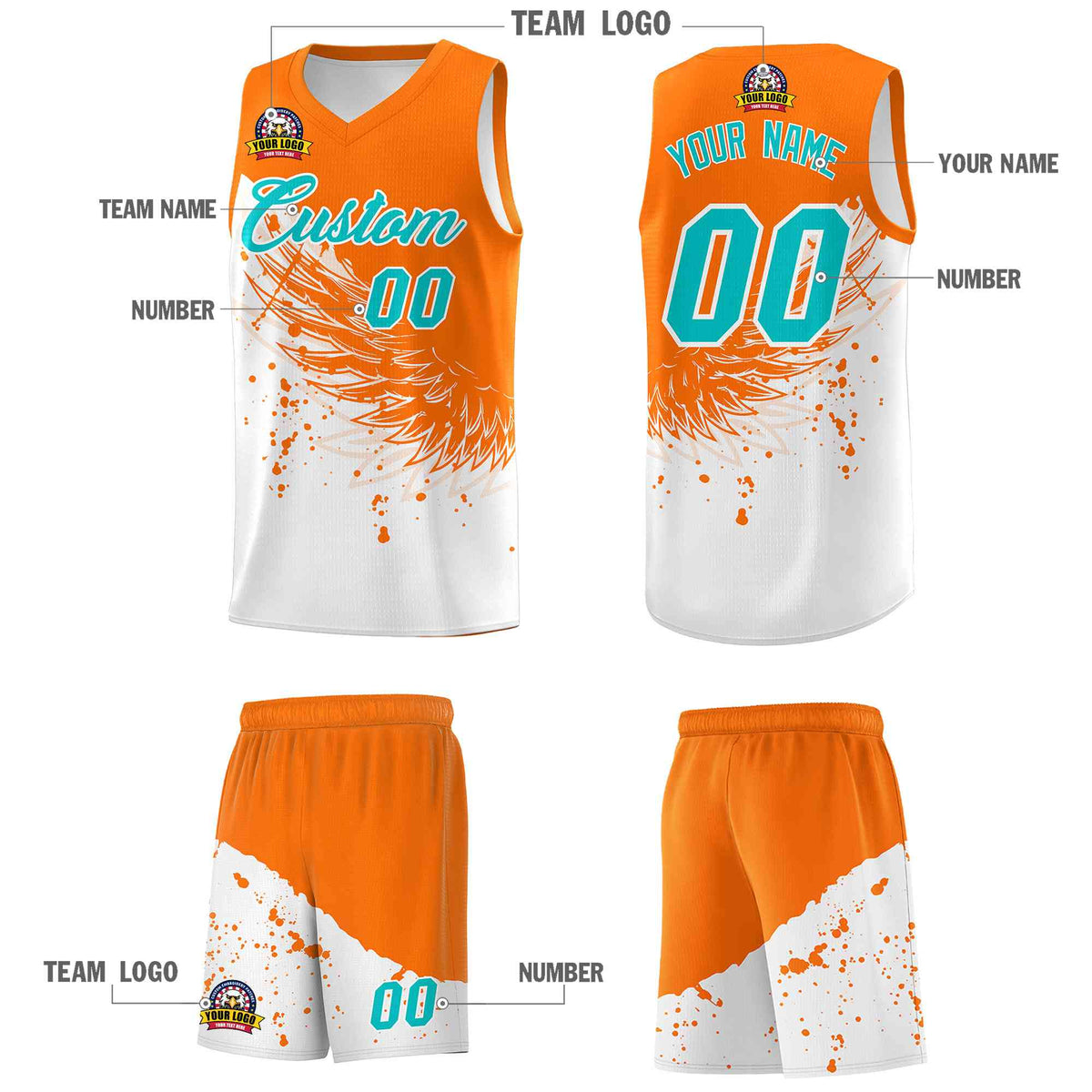 Custom White Orange Wing Pattern Sports Uniform Basketball Jersey