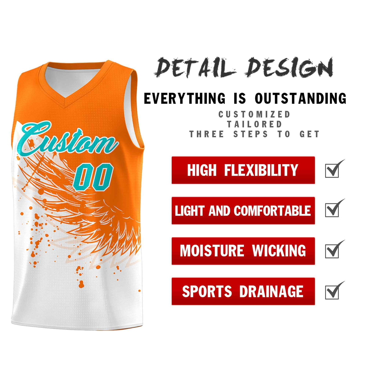 Custom White Orange Wing Pattern Sports Uniform Basketball Jersey| KXKSHOP