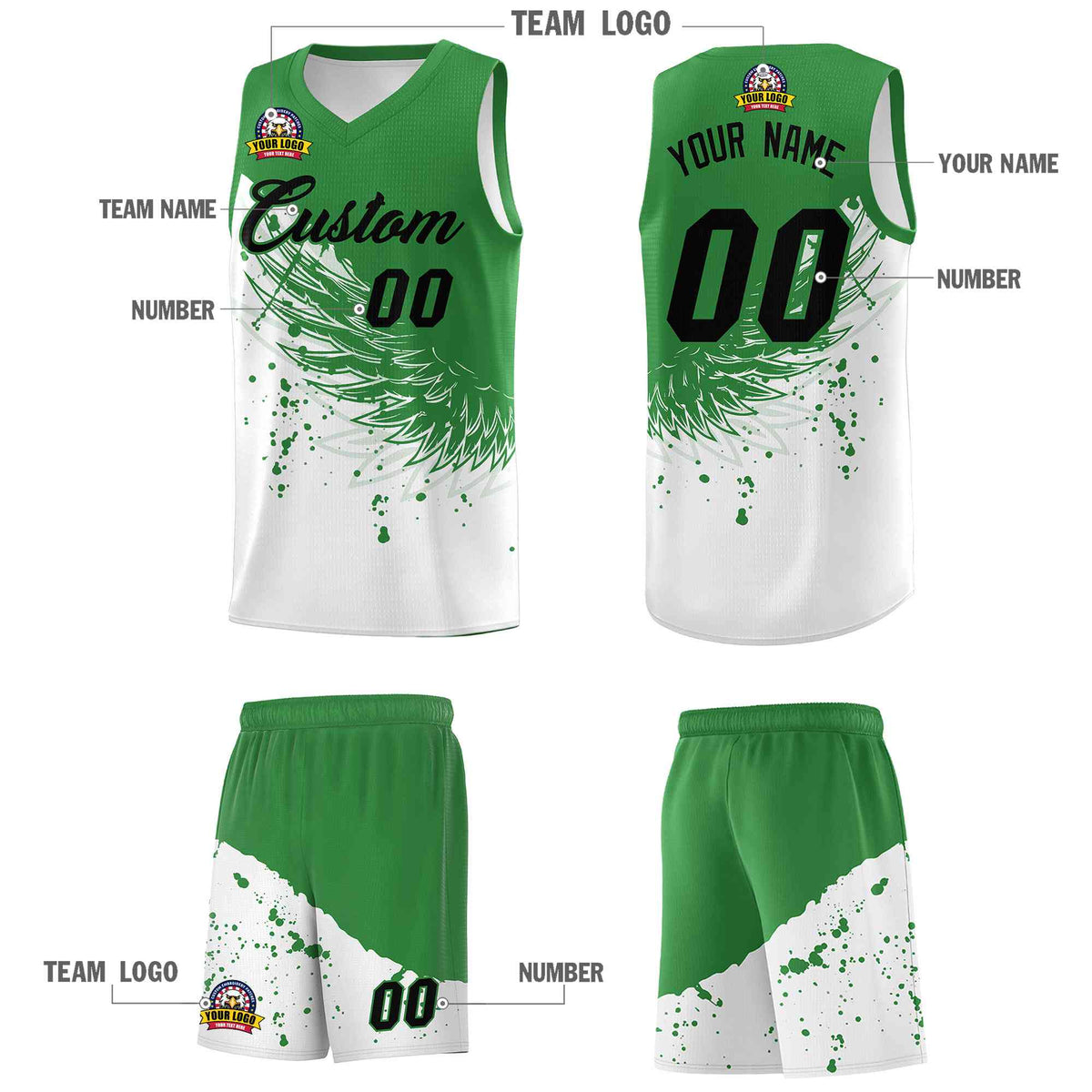 Custom White Kelly Green Wing Pattern Sports Uniform Basketball Jersey