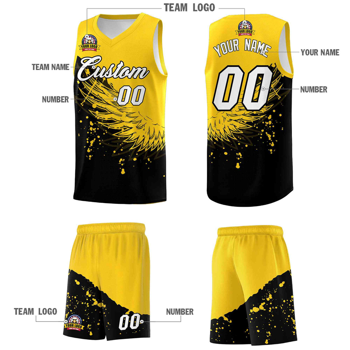 Custom Black Gold Wing Pattern Sports Uniform Basketball Jersey