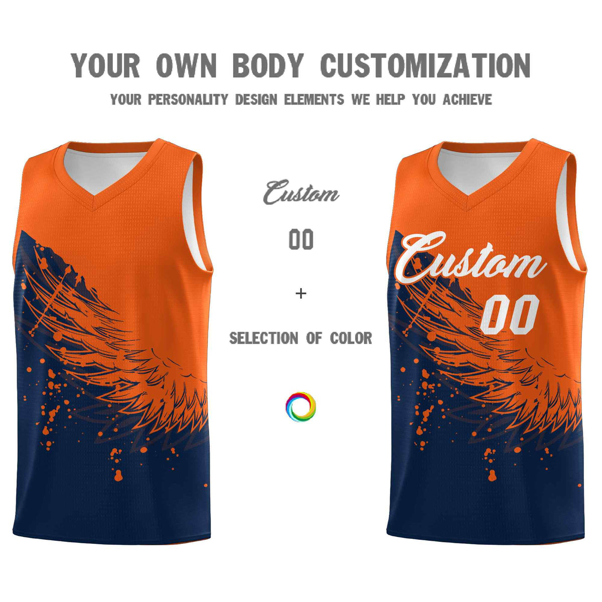 Custom Navy Orange Wing Pattern Sports Uniform Basketball Jersey| KXKSHOP