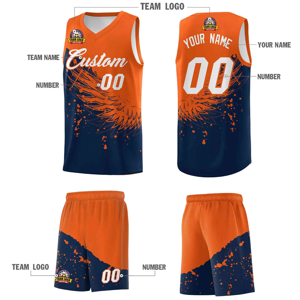 Custom Navy Orange Wing Pattern Sports Uniform Basketball Jersey