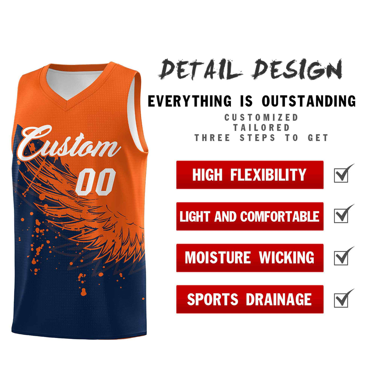 Custom Navy Orange Wing Pattern Sports Uniform Basketball Jersey| KXKSHOP