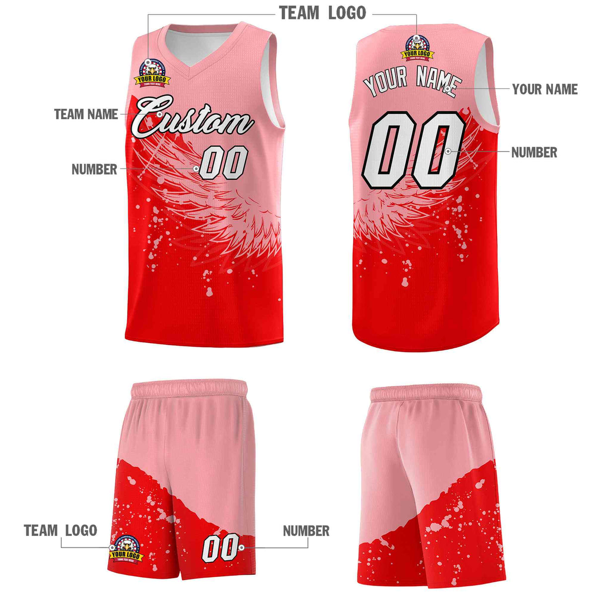 Custom Light Red Light Pink Wing Pattern Sports Uniform Basketball Jersey