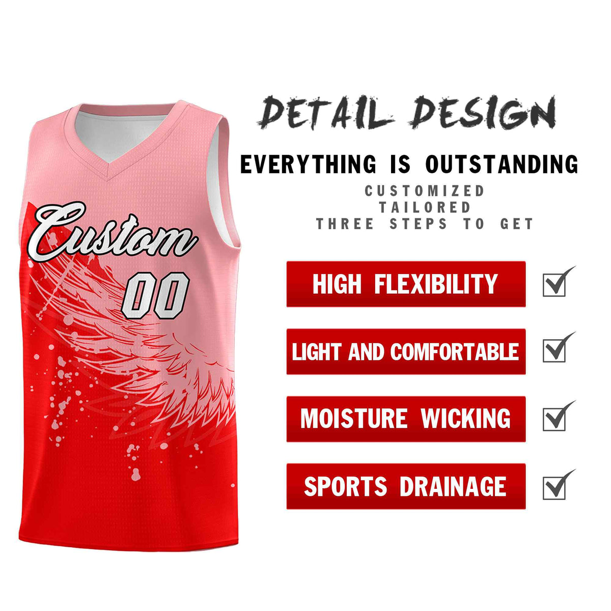 Custom Light Red Light Pink Wing Pattern Sports Uniform Basketball Jersey| KXKSHOP