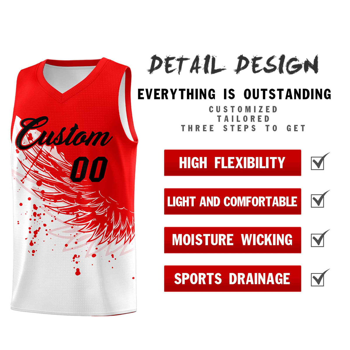 Custom White Light Red Wing Pattern Sports Uniform Basketball Jersey| KXKSHOP