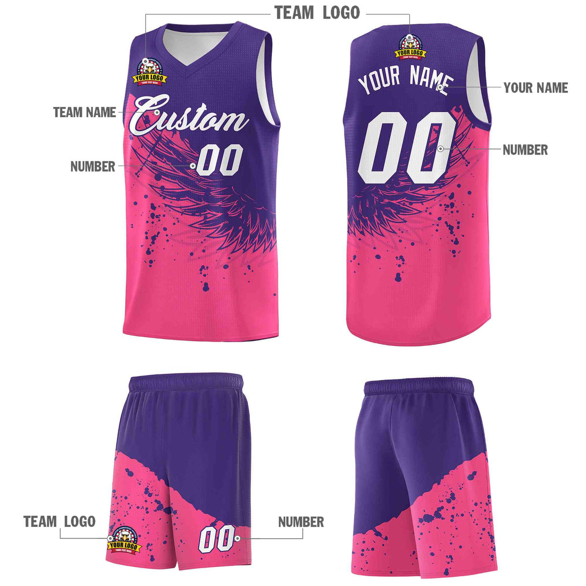 Custom Pink Purple Wing Pattern Sports Uniform Basketball Jersey