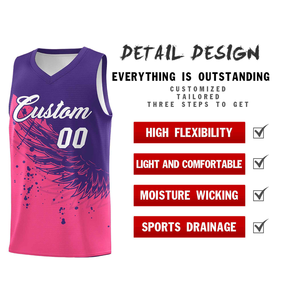 Custom Pink Purple Wing Pattern Sports Uniform Basketball Jersey| KXKSHOP