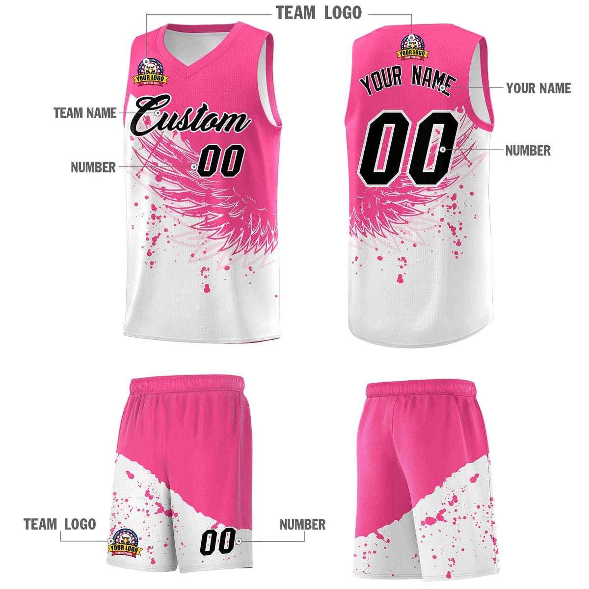 Custom White Pink Wing Pattern Sports Uniform Basketball Jersey