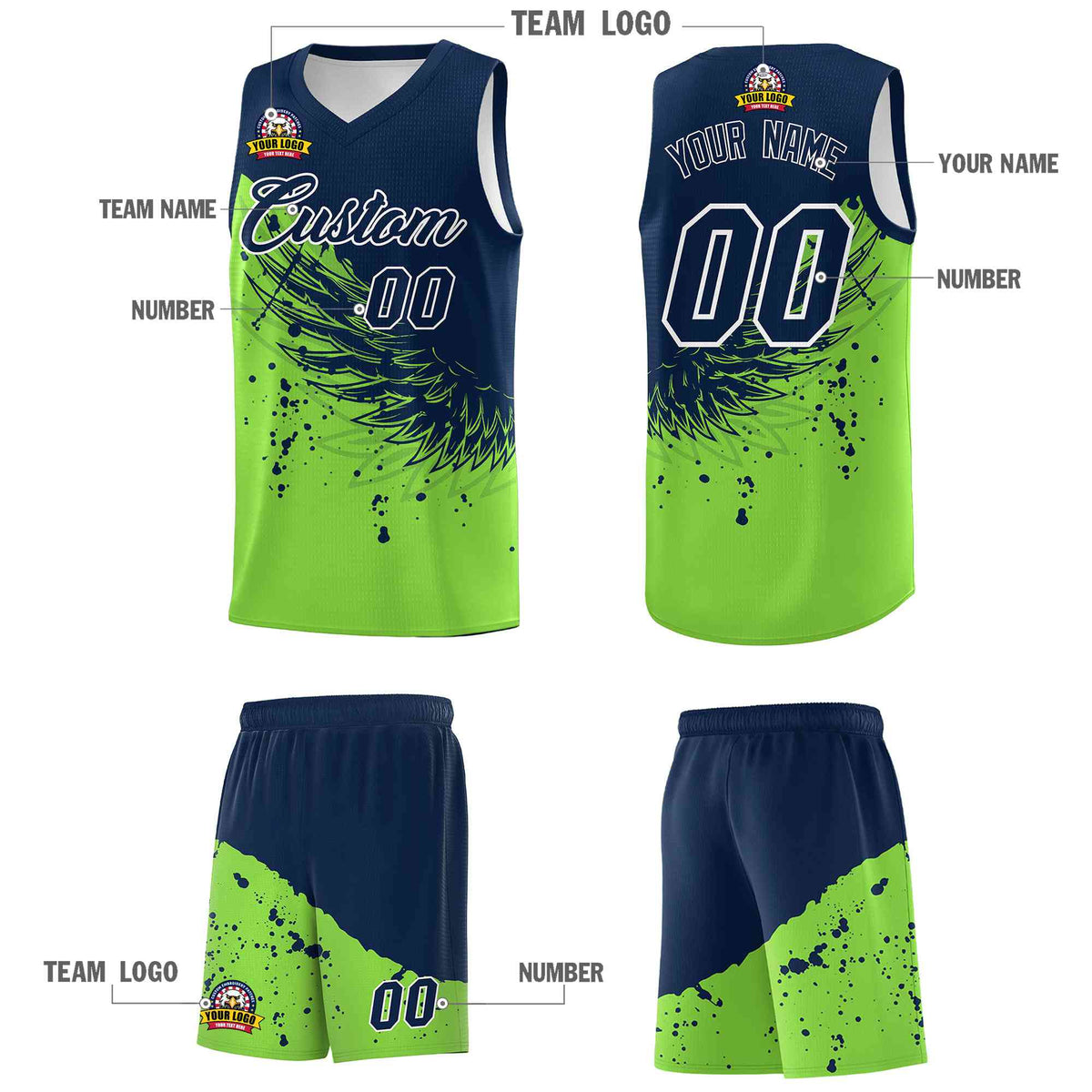 Custom Fluorescent Green Navy Wing Pattern Sports Uniform Basketball Jersey