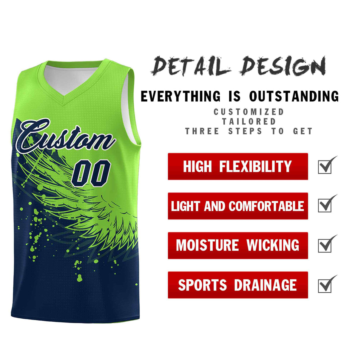 Custom Navy Fluorescent Green Wing Pattern Sports Uniform Basketball Jersey| KXKSHOP
