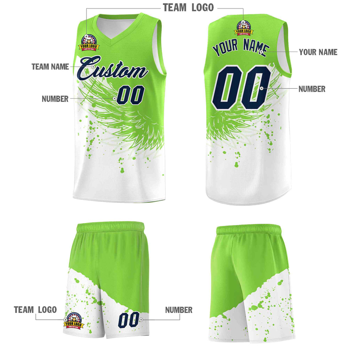 Custom White Fluorescent Green Wing Pattern Sports Uniform Basketball Jersey