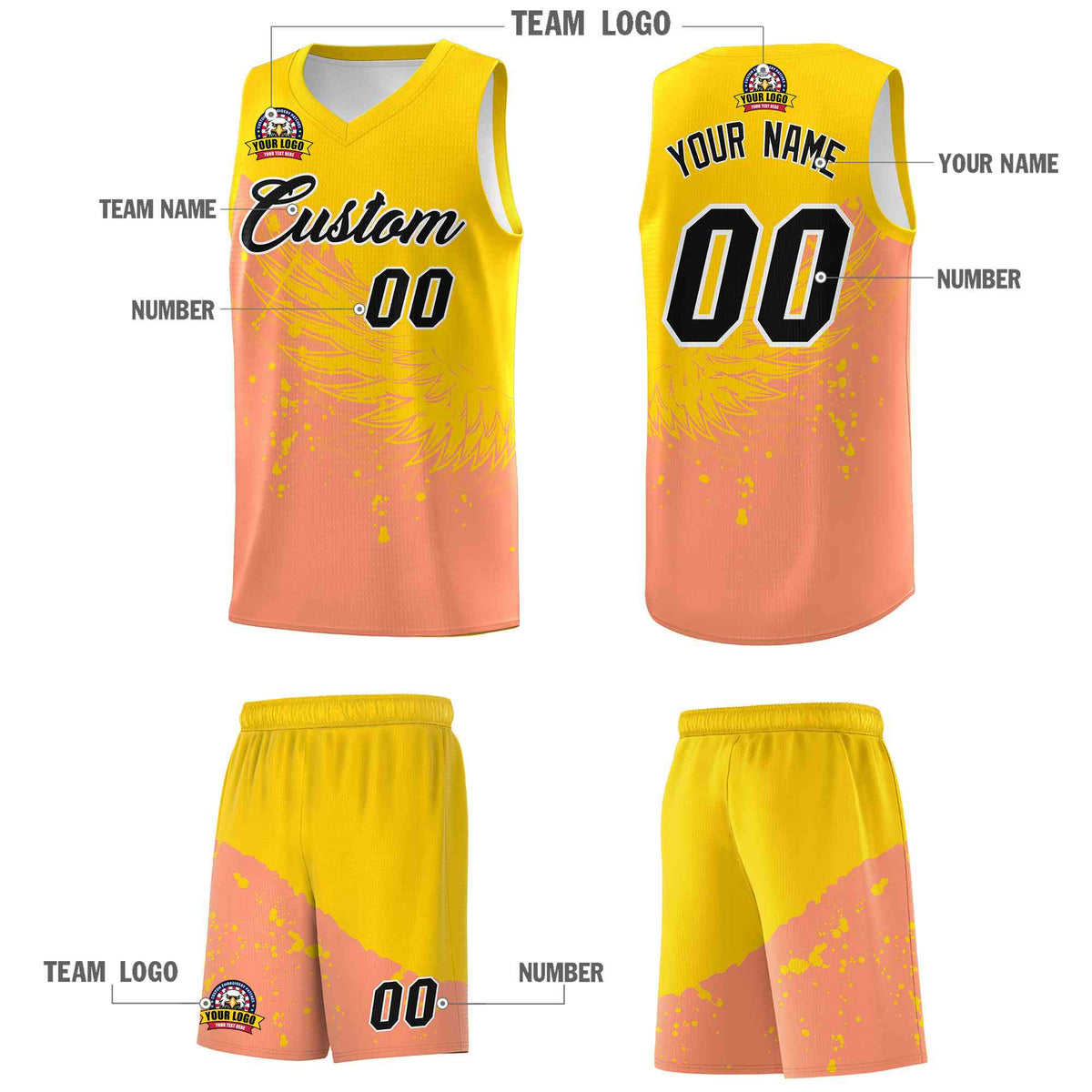 Custom Light Orange Gold Wing Pattern Sports Uniform Basketball Jersey