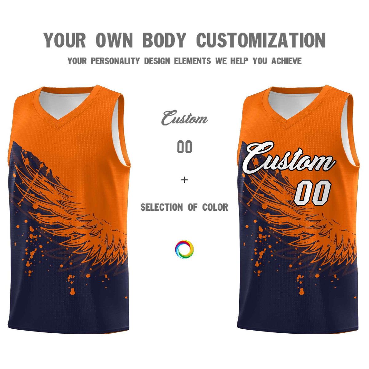 Custom Navy Orange Wing Pattern Sports Uniform Basketball Jersey| KXKSHOP
