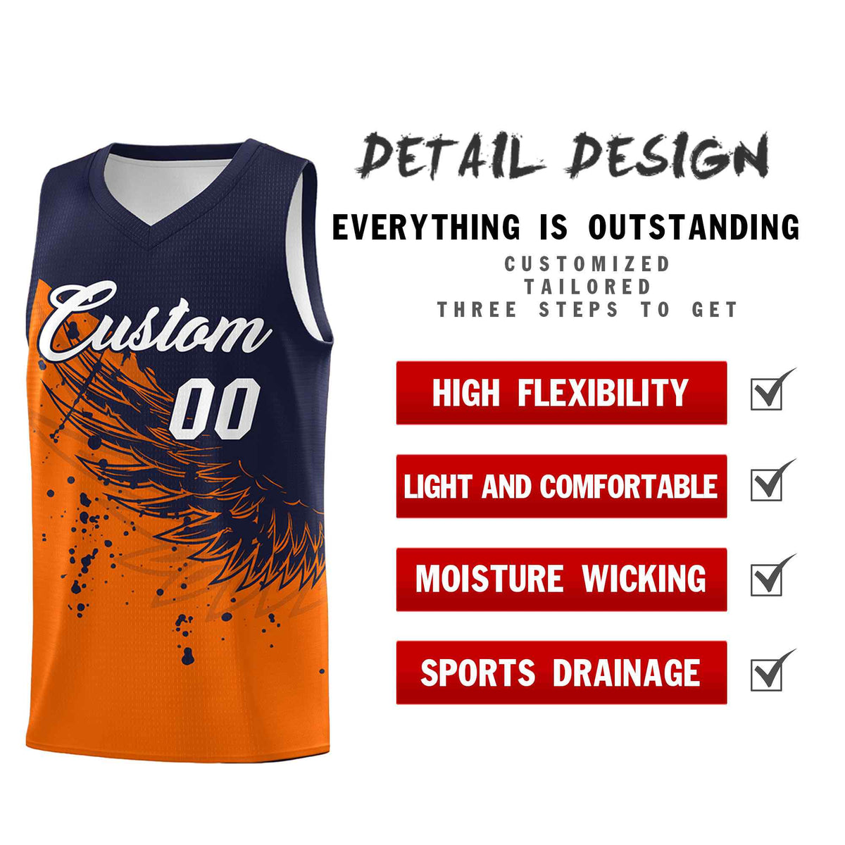 Custom Orange Navy Wing Pattern Sports Uniform Basketball Jersey| KXKSHOP