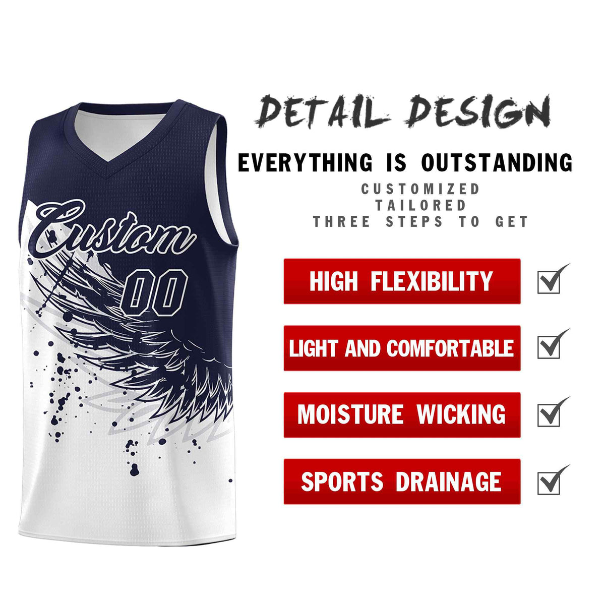 Custom White Navy Wing Pattern Sports Uniform Basketball Jersey| KXKSHOP