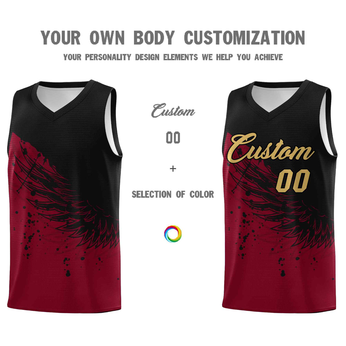 Custom Crimson Black Wing Pattern Sports Uniform Basketball Jersey| KXKSHOP