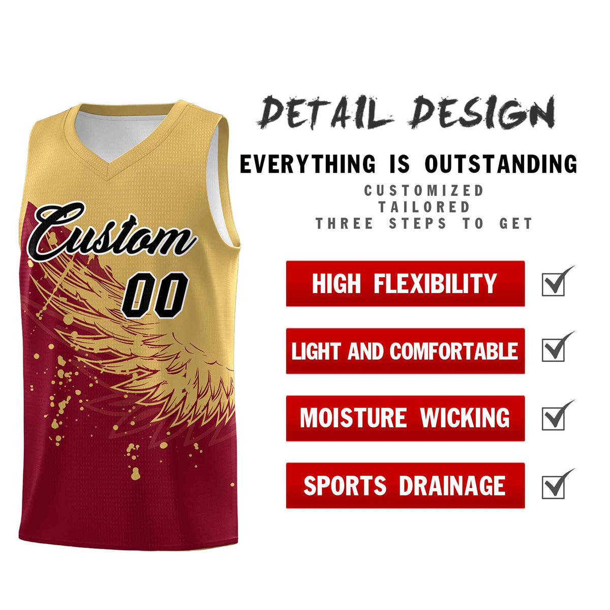 Custom Crimson Old Gold Wing Pattern Sports Uniform Basketball Jersey| KXKSHOP