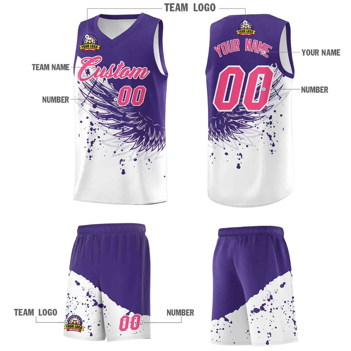 Custom White Purple Wing Pattern Sports Uniform Basketball Jersey