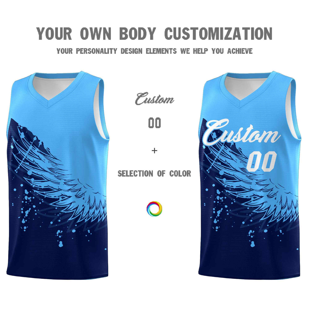 Custom Navy Powder Blue Wing Pattern Sports Uniform Basketball Jersey| KXKSHOP
