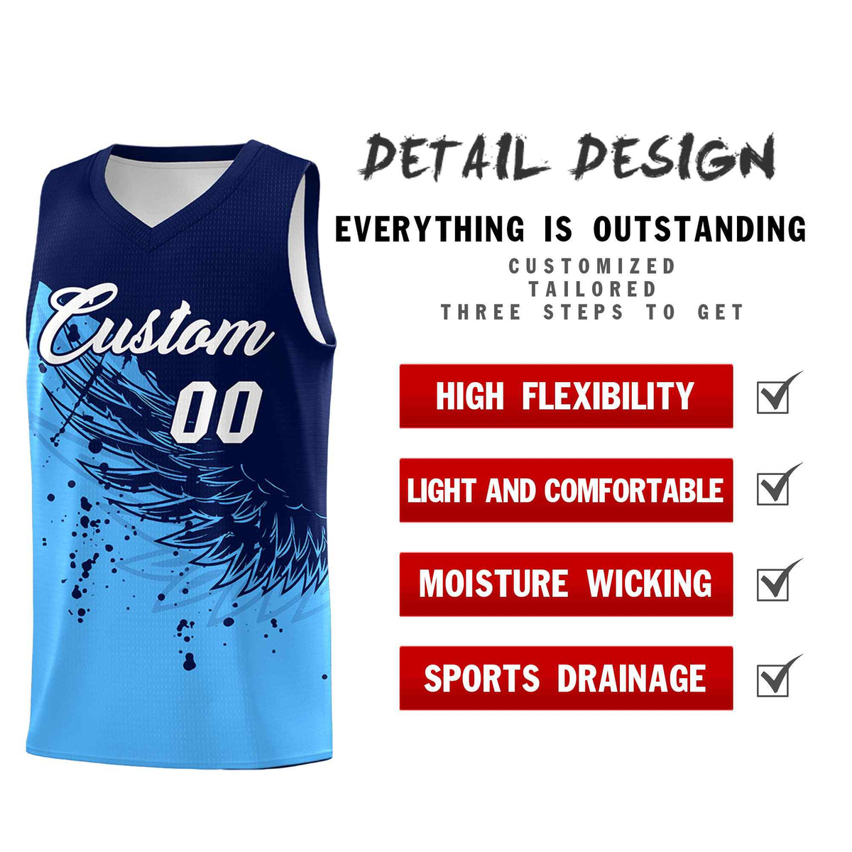 Custom Powder Blue Navy Wing Pattern Sports Uniform Basketball Jersey| KXKSHOP