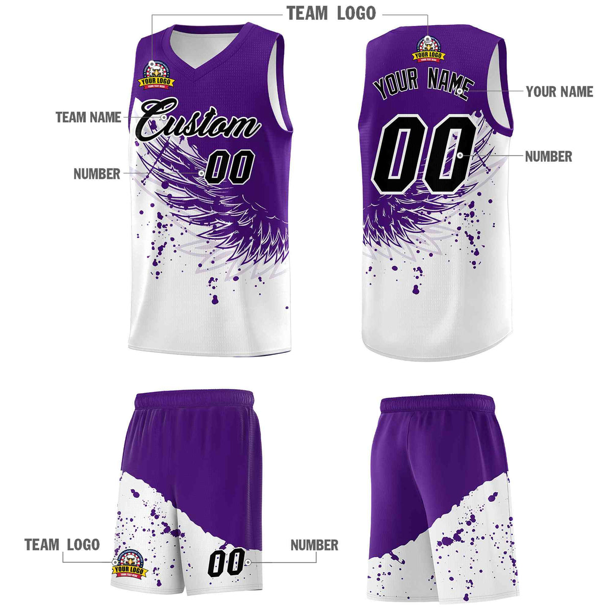 Custom White Purple Wing Pattern Sports Uniform Basketball Jersey