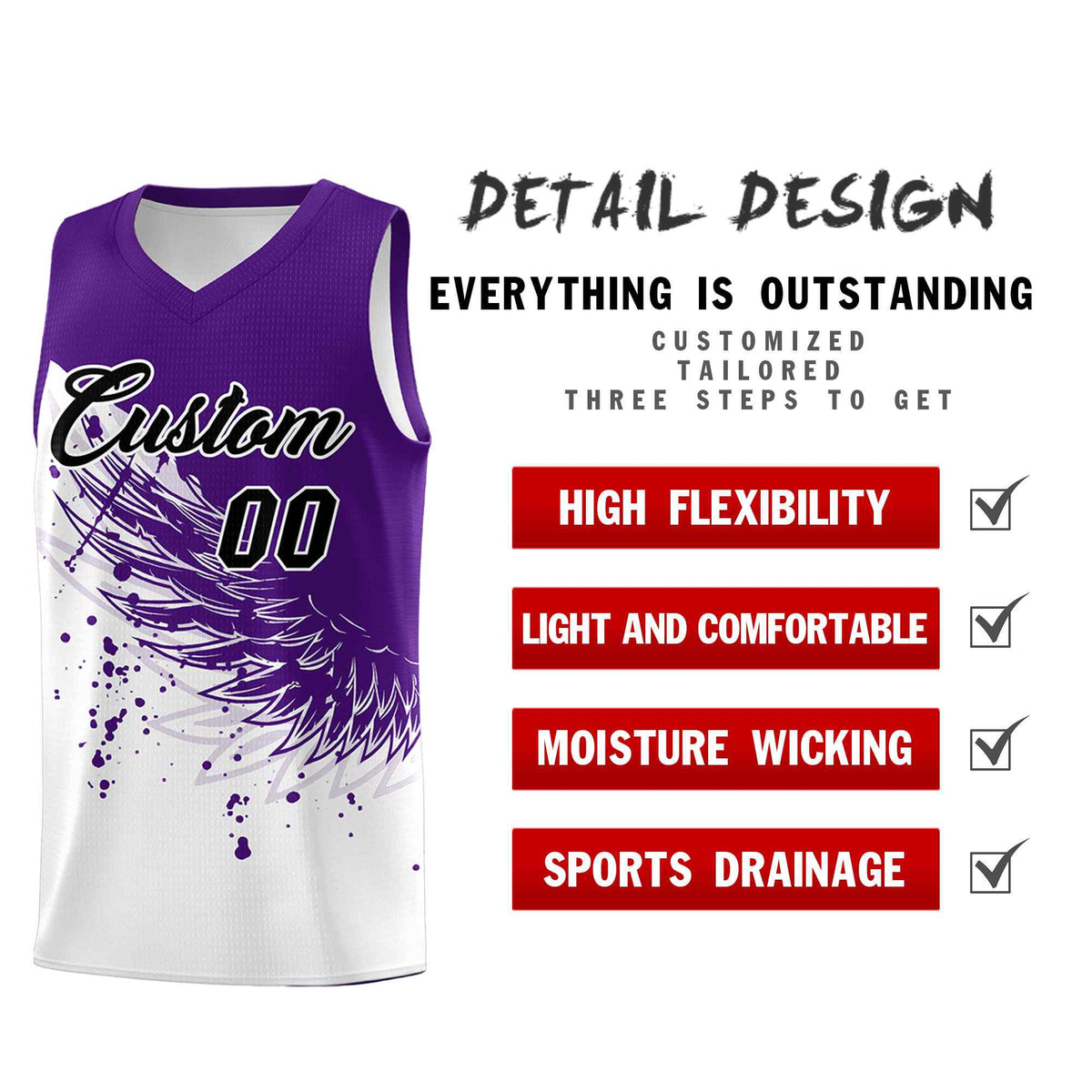 Custom White Purple Wing Pattern Sports Uniform Basketball Jersey| KXKSHOP