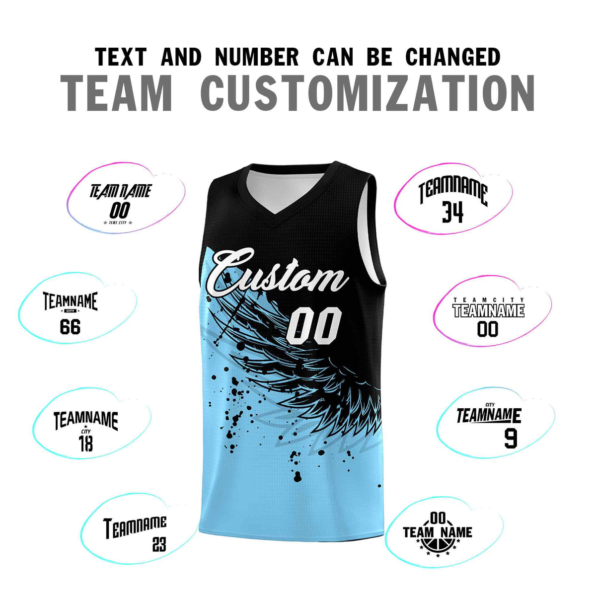 Custom Light Blue Black Wing Pattern Sports Uniform Basketball Jersey| KXKSHOP