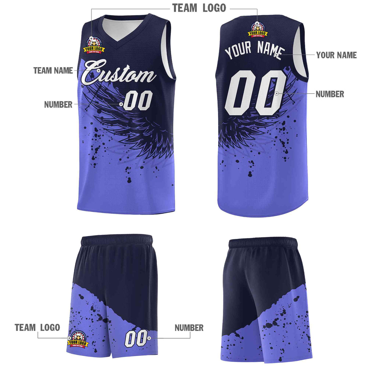 Custom Purple Navy Wing Pattern Sports Uniform Basketball Jersey
